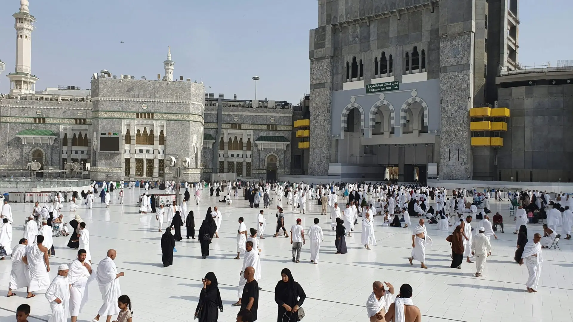 The hajj pilgrimage takes place across various sites in Mecca, including Masjid al-Haram, which houses the Kaaba